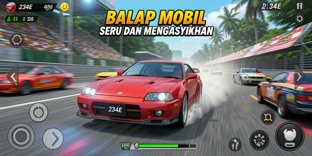 Gameplay seru dalam balapan mobil 234E yang menegangkan.