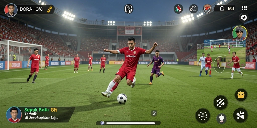 Tangkapan layar DORAHOKI yang menampilkan aksi sepak bola yang mendebarkan.