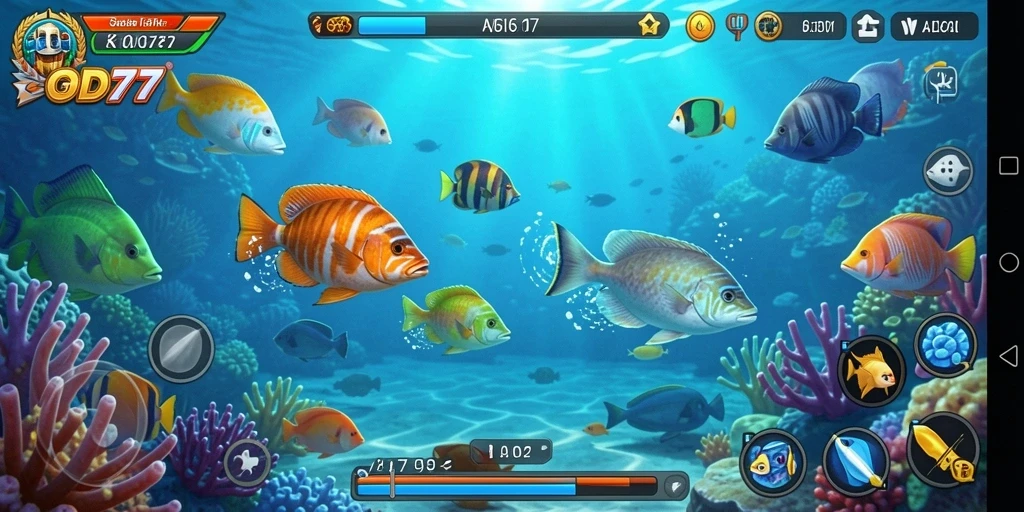 Screenshot utama GOD77 menampilkan gameplay menembak ikan yang seru dan penuh warna.