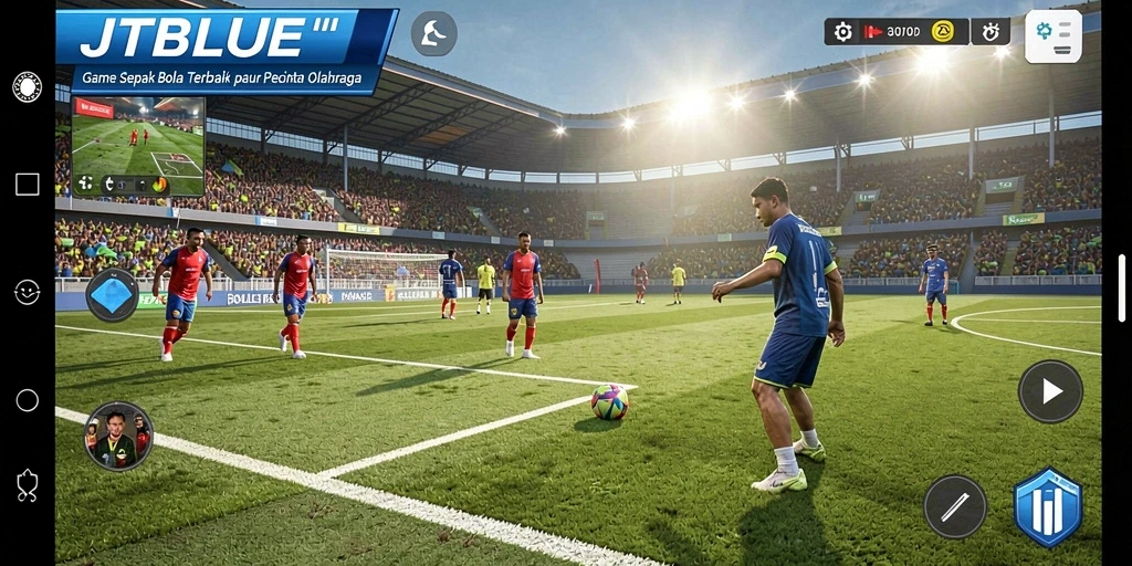 Tampilan gameplay JTBLUE menampilkan aksi seru dalam pertandingan sepak bola.