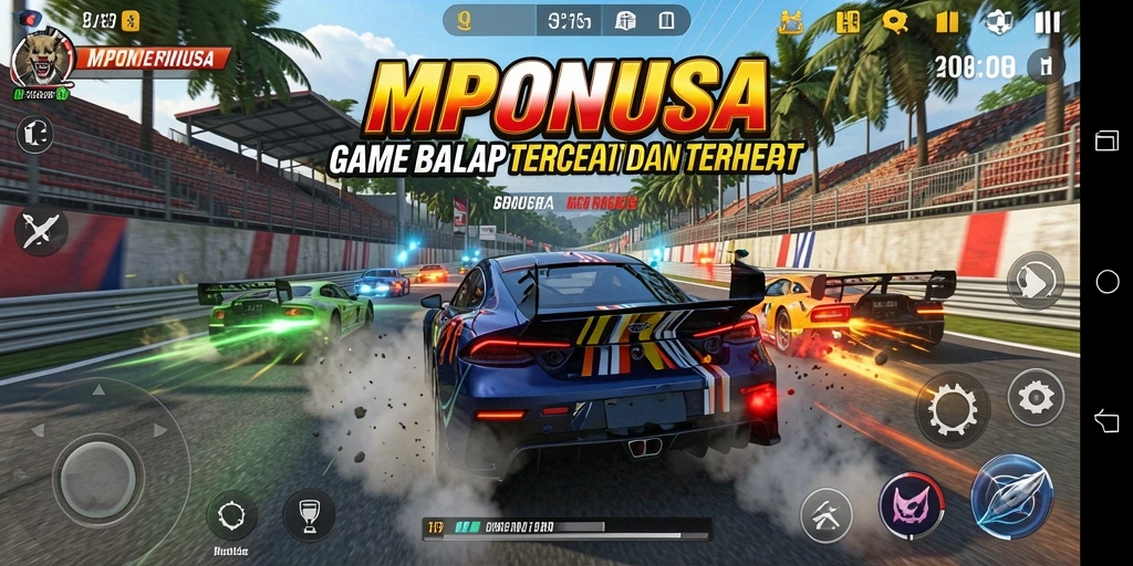 Tangkapan layar MPONUSA menampilkan aksi balap yang mendebarkan dengan mobil-mobil cepat.