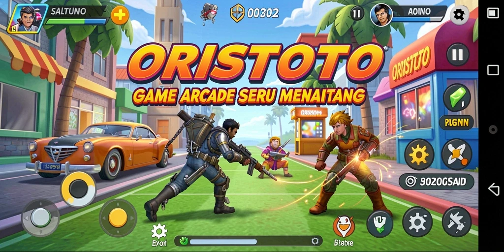 Tampilan gameplay menegangkan di ORISTOTO dengan warna cerah dan aksi seru.