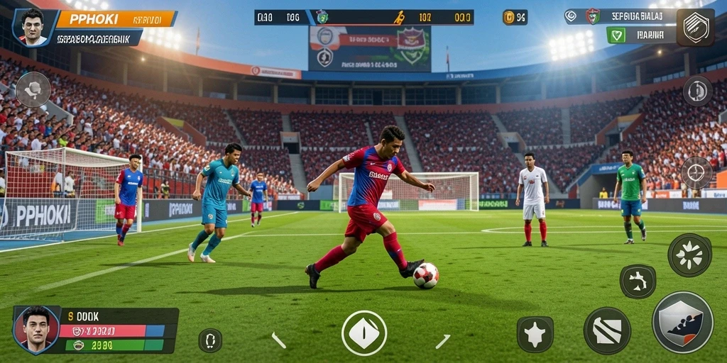 Tangkapan layar gameplay PPHOKI menampilkan aksi sepak bola yang mendebarkan.