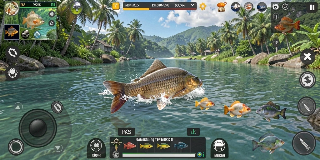 Gameplay RK55 yang seru dengan aksi memancing yang menantang.