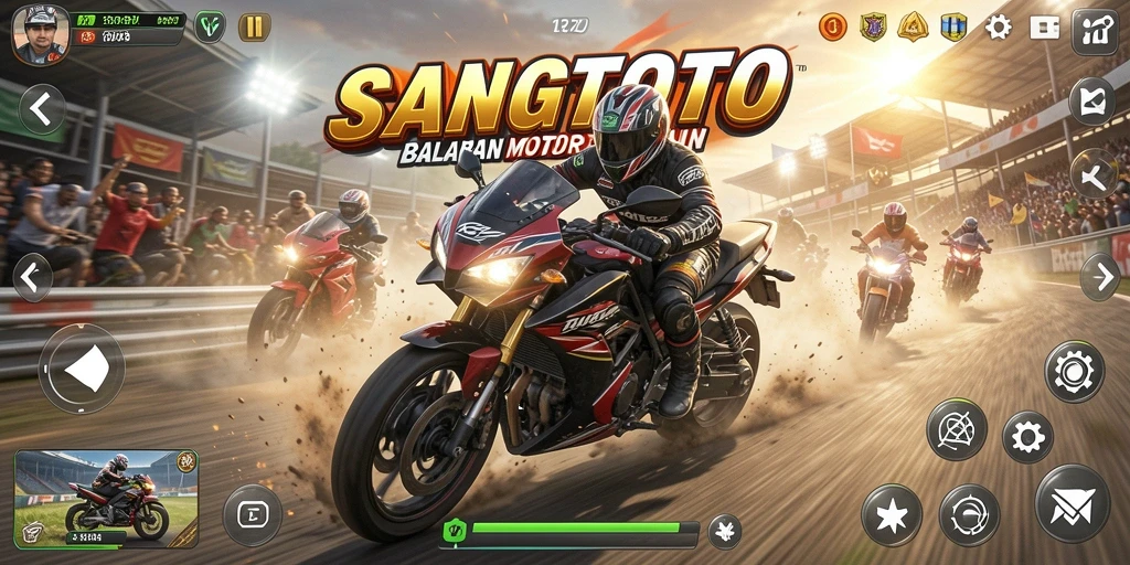 Screenshot gameplay SANGTOTO menampilkan balapan motor yang seru.