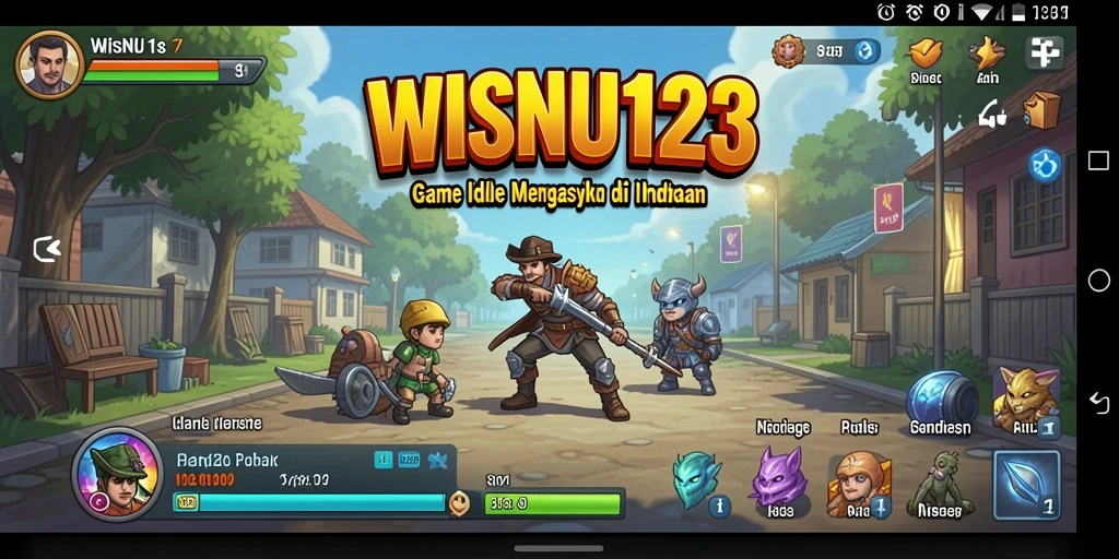 Tampilan menarik game Idle WISNU123 dengan karakter dan sumber daya.